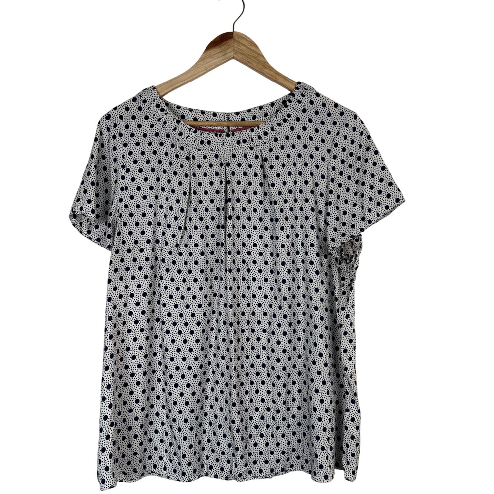 Boden Navy Blue White Polka Dot Silk Blend Pleated Neck Blouse Top US 26 XL